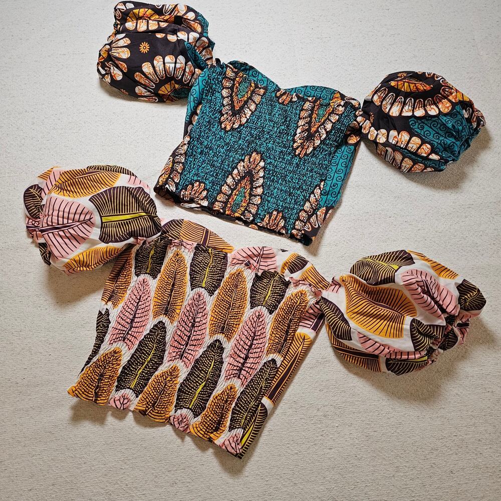 African Floral Size S Puff Sleeve Crop Top Smocked Boho Festival Y2K Cottagecore - Picture 3 of 15